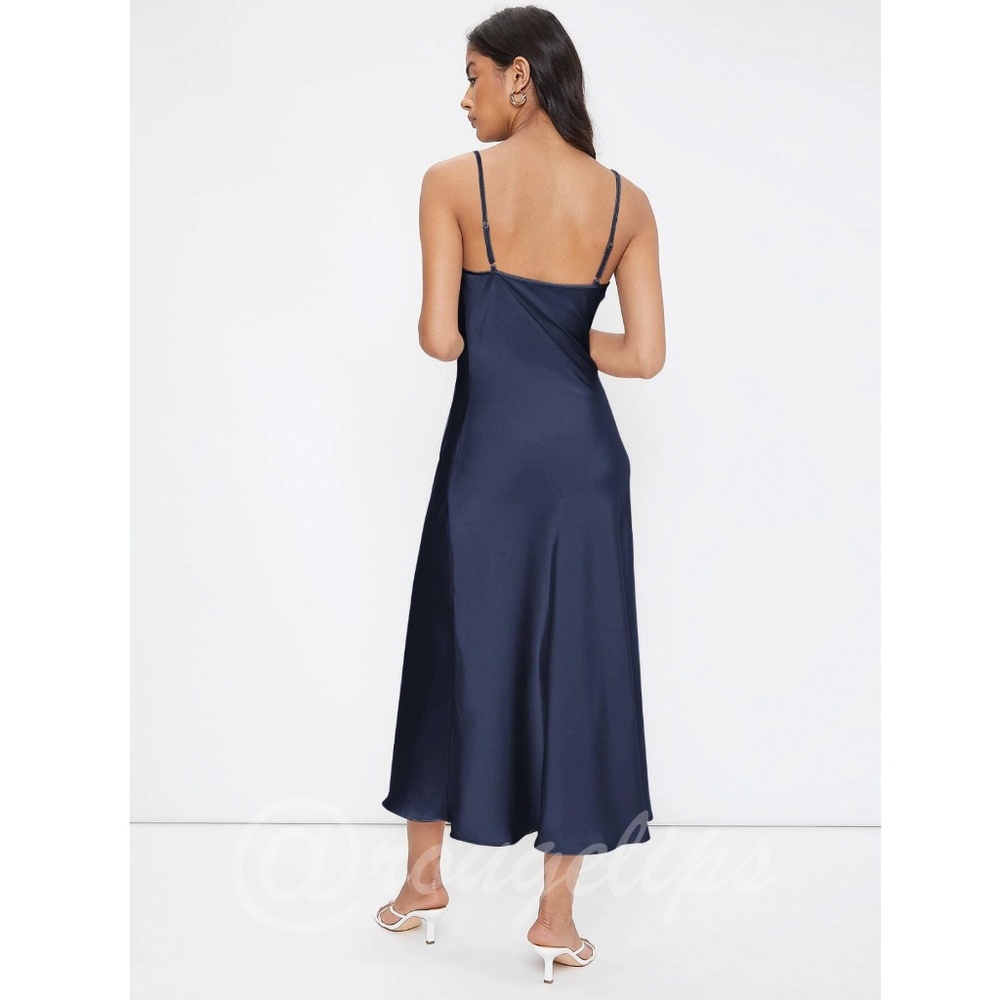 Dark Blue Satin Cami Dress Midi Adjustable Spaghetti Straps - Picture 4 of 8